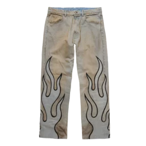 Flame Leather Appliqué Denim Pants - Dirty Blue